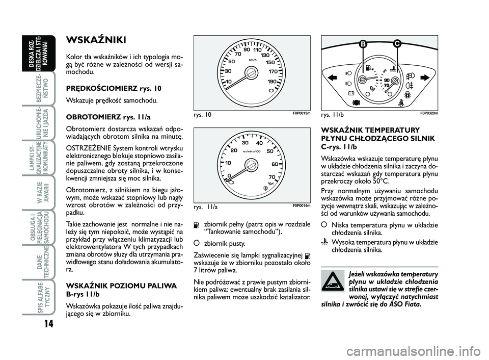 FIAT SCUDO 2013  Instrukcja obsługi (in Polish) WSKAŹNIKI
Kolor tła wskaźników i ich typologia mo-
gą być różne w zależności od wersji sa-
mochodu.
PRĘDKOŚCIOMIERZ rys. 10
Wskazuje prędkość samochodu.
OBROTOMIERZ rys. 11/a
Obrotomier