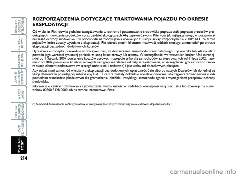 FIAT SCUDO 2013  Instrukcja obsługi (in Polish) 214
LAMPKI SY-
GNALIZACYJNE
I KOMUNIKATY
DESKA ROZ-
DZIELCZA I
STEROWANIAI
BEZPIECZE-
ŃSTWO
URUCHOMIE-
NIE I JAZDA
W RAZIE
AWA R I I
OBSŁUGA I
PIELĘGNACJA
SAMOCHODU
DANE
TECHNICZNE
SPIS ALFABE-
TYC