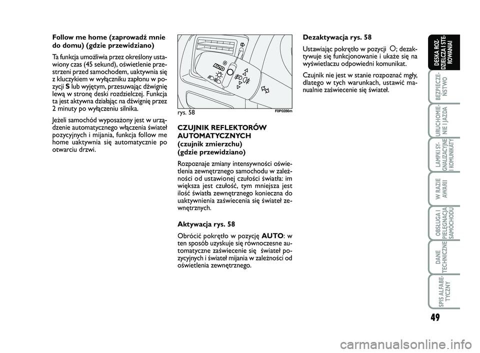 FIAT SCUDO 2013  Instrukcja obsługi (in Polish) 49
BEZPIECZE-
ŃSTWO
URUCHOMIE-
NIE I JAZDA
LAMPKI SY-
GNALIZACYJNE
I KOMUNIKATY
W RAZIE
AWA R I I
OBSŁUGA I
PIELĘGNACJA
SAMOCHODU
DANE
TECHNICZNE
SPIS ALFABE-
TYCZNY
DESKA ROZ-
DZIELCZA I STE-
ROWA