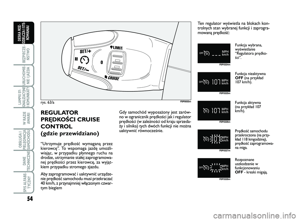 FIAT SCUDO 2013  Instrukcja obsługi (in Polish) 54
BEZPIECZE-
ŃSTWO
URUCHOMIE-
NIE I JAZDA
LAMPKI SY-
GNALIZACYJNE
I KOMUNIKATY
W RAZIE
AWA R I I
OBSŁUGA I
PIELĘGNACJA
SAMOCHODU
DANE
TECHNICZNE
SPIS ALFABE-
TYCZNY
DESKA ROZ-
DZIELCZA I STE-
ROWA