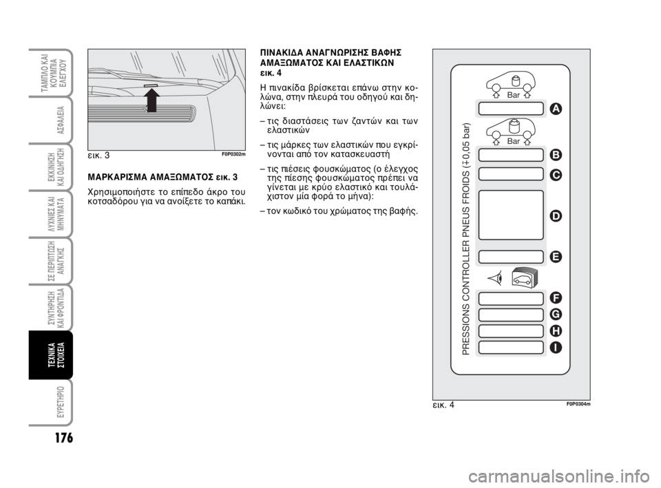 FIAT SCUDO 2010  ΒΙΒΛΙΟ ΧΡΗΣΗΣ ΚΑΙ ΣΥΝΤΗΡΗΣΗΣ (in Greek) ΠΙΝΑΚΙΔΑ ΑΝΑΓΝΩΡΙΣΗΣ ΒΑΦΗΣ
ΑΜΑΞΩΜΑΤΟΣ ΚΑΙ ΕΛΑΣΤΙΚΩΝ
εικ. 4
Η πινακίδα βρίσκεται επάνω στην κο-
λώνα, στην πλευ