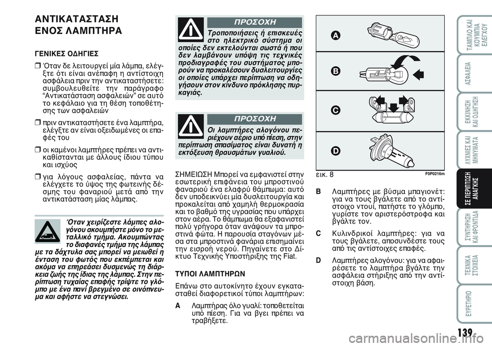 FIAT SCUDO 2012 ΒΙΒΛΙΟ ΧΡΗΣΗΣ ΚΑΙ ΣΥΝΤΗΡΗΣΗΣ (in Greek) 139
ΛΥΧΝΙΕΣ ΚΑΙ
ΜΗΝΥΜΑΤΑ
ΣΥΝΤΗΡΗΣΗ
ΚΑΙ ΦΡΟΝΤΙΔΑ
ΤΕΧΝΙΚΑ
ΣΤΟΙΧΕΙΑ
EYPETHPIO
ΤΑΜΠΛΟ ΚΑΙ
ΚΟΥΜΠΙΑ
ΕΛΕΓΧΟΥ
ΑΣΦΑΛΕΙΑ
ΕΚ FIAT SCUDO 2012 ΒΙΒΛΙΟ ΧΡΗΣΗΣ ΚΑΙ ΣΥΝΤΗΡΗΣΗΣ (in Greek) 139
ΛΥΧΝΙΕΣ ΚΑΙ
ΜΗΝΥΜΑΤΑ
ΣΥΝΤΗΡΗΣΗ
ΚΑΙ ΦΡΟΝΤΙΔΑ
ΤΕΧΝΙΚΑ
ΣΤΟΙΧΕΙΑ
EYPETHPIO
ΤΑΜΠΛΟ ΚΑΙ
ΚΟΥΜΠΙΑ
ΕΛΕΓΧΟΥ
ΑΣΦΑΛΕΙΑ
ΕΚ