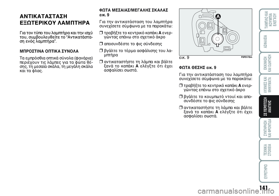 FIAT SCUDO 2012 ΒΙΒΛΙΟ ΧΡΗΣΗΣ ΚΑΙ ΣΥΝΤΗΡΗΣΗΣ (in Greek) 141
ΛΥΧΝΙΕΣ ΚΑΙ
ΜΗΝΥΜΑΤΑ
ΣΥΝΤΗΡΗΣΗ
ΚΑΙ ΦΡΟΝΤΙΔΑ
ΤΕΧΝΙΚΑ
ΣΤΟΙΧΕΙΑ
EYPETHPIO
ΤΑΜΠΛΟ ΚΑΙ
ΚΟΥΜΠΙΑ
ΕΛΕΓΧΟΥ
ΑΣΦΑΛΕΙΑ
ΕΚ FIAT SCUDO 2012 ΒΙΒΛΙΟ ΧΡΗΣΗΣ ΚΑΙ ΣΥΝΤΗΡΗΣΗΣ (in Greek) 141
ΛΥΧΝΙΕΣ ΚΑΙ
ΜΗΝΥΜΑΤΑ
ΣΥΝΤΗΡΗΣΗ
ΚΑΙ ΦΡΟΝΤΙΔΑ
ΤΕΧΝΙΚΑ
ΣΤΟΙΧΕΙΑ
EYPETHPIO
ΤΑΜΠΛΟ ΚΑΙ
ΚΟΥΜΠΙΑ
ΕΛΕΓΧΟΥ
ΑΣΦΑΛΕΙΑ
ΕΚ