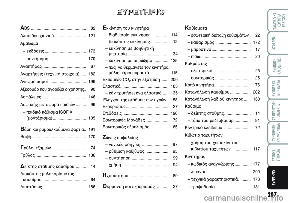 FIAT SCUDO 2012  ΒΙΒΛΙΟ ΧΡΗΣΗΣ ΚΑΙ ΣΥΝΤΗΡΗΣΗΣ (in Greek) 207
ΛΥΧΝΙΕΣ ΚΑΙ
ΜΗΝΥΜΑΤΑ
ΤΑΜΠΛΟ ΚΑΙ
ΚΟΥΜΠΙΑ
ΕΛΕΓΧΟΥ
ΑΣΦΑΛΕΙΑ
ΕΚΚΙΝΗΣΗ 
ΚΑΙ ΟΔΗΓΗΣΗ
ΣΕ ΠΕΡΙΠΤΩΣΗ
ΑΝΑΓΚΗΣ
ΣΥΝΤΗ