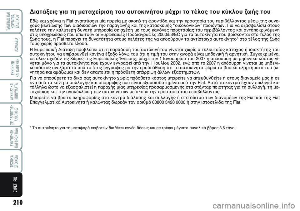 FIAT SCUDO 2012  ΒΙΒΛΙΟ ΧΡΗΣΗΣ ΚΑΙ ΣΥΝΤΗΡΗΣΗΣ (in Greek) 210
ΛΥΧΝΙΕΣ ΚΑΙ
ΜΗΝΥΜΑΤΑ
ΤΑΜΠΛΟ ΚΑΙ
ΚΟΥΜΠΙΑ
ΕΛΕΓΧΟΥ
ΑΣΦΑΛΕΙΑ
ΕΚΚΙΝΗΣΗ 
ΚΑΙ ΟΔΗΓΗΣΗ
ΣΕ ΠΕΡΙΠΤΩΣΗ
ΑΝΑΓΚΗΣ
ΣΥΝΤΗ