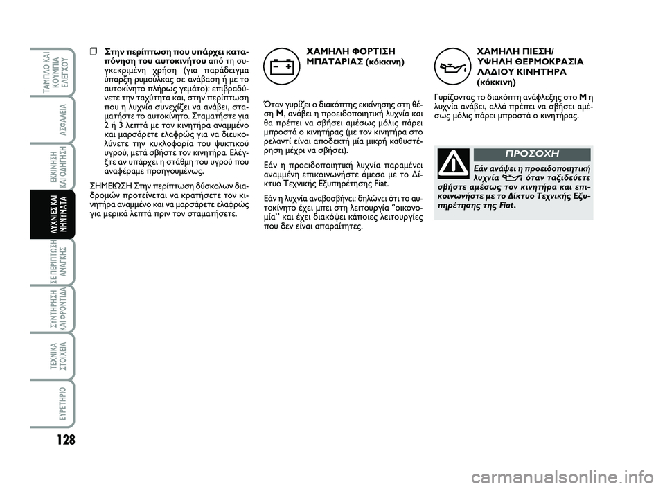 FIAT SCUDO 2013  ΒΙΒΛΙΟ ΧΡΗΣΗΣ ΚΑΙ ΣΥΝΤΗΡΗΣΗΣ (in Greek) ΧΑΜΗΛΗ ΠΙΕΣΗ/
ΥΨΗΛΗ ΘΕΡΜΟΚΡΑΣΙΑ
ΛΑΔΙΟΥ ΚΙΝΗΤΗΡΑ
(κόκκινη)
Γυρίζοντας το διακόπτη ανάφλεξης στο Mη
λυχνία ανάβ