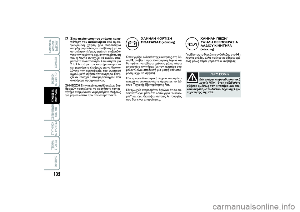 FIAT SCUDO 2014  ΒΙΒΛΙΟ ΧΡΗΣΗΣ ΚΑΙ ΣΥΝΤΗΡΗΣΗΣ (in Greek) ΧΑΜΗΛΗ ΠΙΕΣΗ/
ΥΨΗΛΗ ΘΕΡΜΟΚΡΑΣΙΑ
ΛΑΔΙΟΥ ΚΙΝΗΤΗΡΑ
(κόκκινη)
Γυρίζοντας το διακόπτη ανάφλεξης στο Mη
λυχνία ανάβ