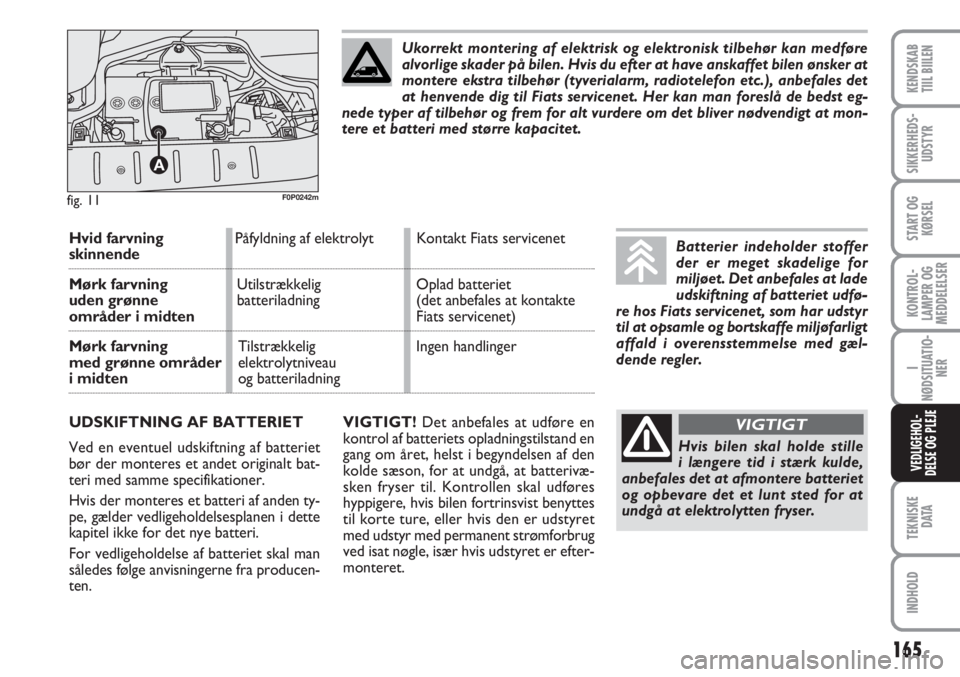 FIAT SCUDO 2011  Brugs- og vedligeholdelsesvejledning (in Danish) Hvid farvningPåfyldning af elektrolyt Kontakt Fiats servicenetskinnende
Mørk farvningUtilstrækkelig Oplad batteriet
uden grønnebatteriladning (det anbefales at kontakte
områder i midtenFiats serv