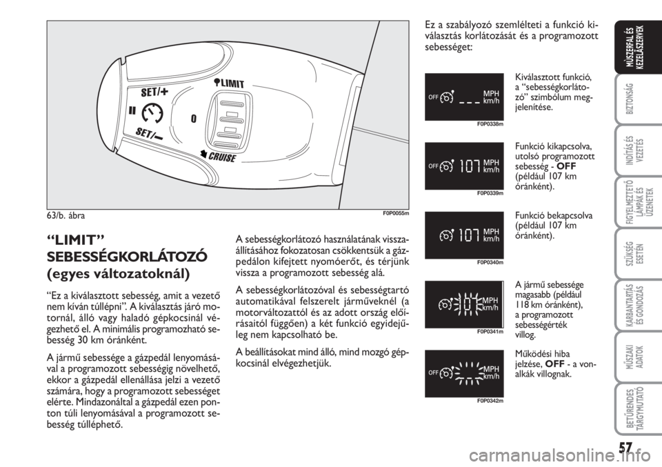 FIAT SCUDO 2011  Kezelési és karbantartási útmutató (in Hungarian) 57
BIZTONSÁG
INDÍTÁS ÉS
VEZETÉS
FIGYELMEZTETŐ
LÁMPÁK ÉS
ÜZENETEK
SZÜKSÉG 
ESETÉN
KARBANTARTÁS
ÉS GONDOZÁS
MŰSZAKI 
ADATOK
BETŰRENDES
TÁ R G Y M U TAT Ó
MÙSZERFAL ÉS
KEZELÃSZERVE