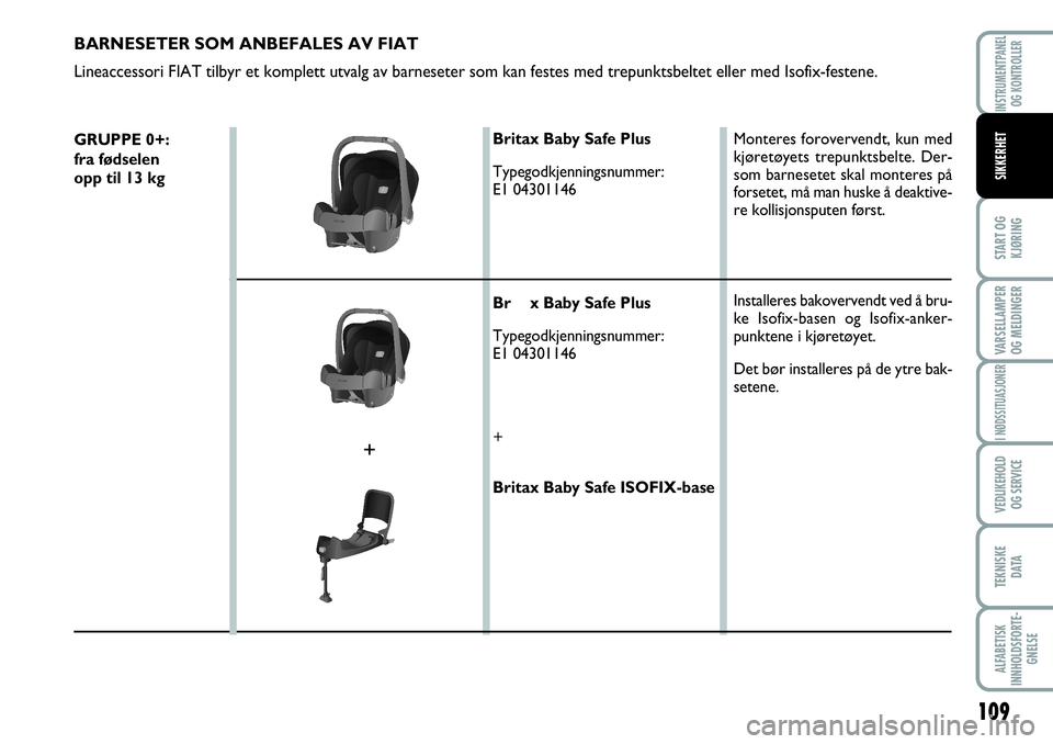FIAT SCUDO 2016  Drift- og vedlikeholdshåndbok (in Norwegian) 109
START OG
KJØRING
VARSELLAMPER
OG MELDINGER
I NØDSSITUASJONER
VEDLIKEHOLD
OG SERVICE 
TEKNISKE
D ATA
ALFABETISK
INNHOLDSFORTE-
GNELSE
INSTRUMENTPANEL
OG KONTROLLER
SIKKERHET
BARNESETER SOM ANBEFA