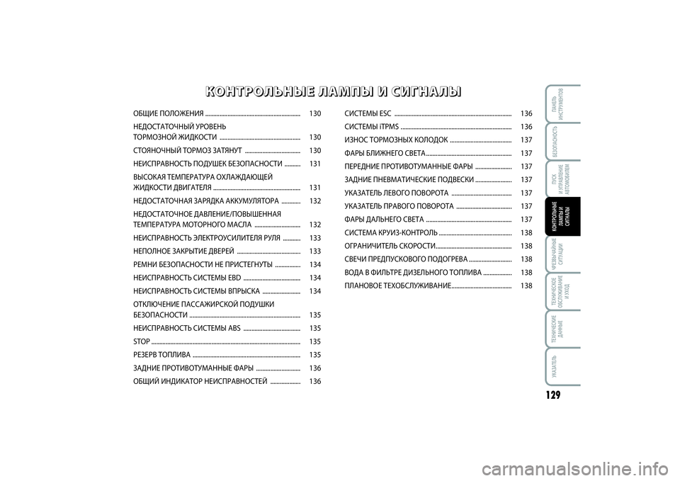FIAT SCUDO 2015  Руководство по эксплуатации и техобслуживанию (in Russian) БЕЗОПАСНОСТЬПУСК 
И УПРАВЛЕНИЕ
АВТОМОБИЛЕМ
129
ЧРЕЗВЫЧАЙНЫЕ
СИТУАЦИИТЕХНИЧЕСКОЕ
ОБСЛУЖИВАНИЕ
И УХОДТЕХНИЧЕ