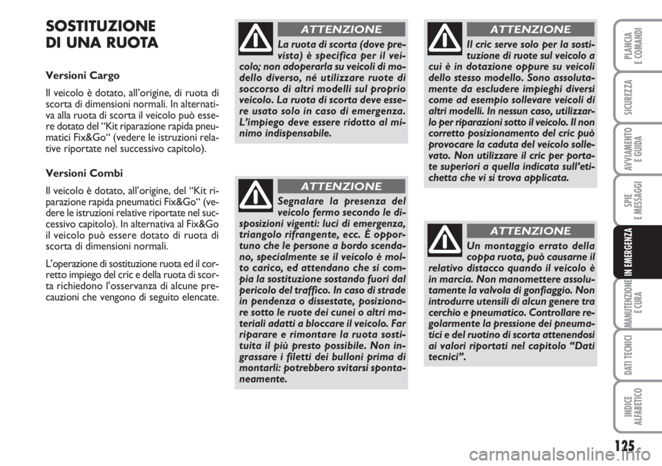 FIAT FIORINO 2007 Libretto Uso Manutenzione (in Italian) 125
SPIE
E MESSAGGI
MANUTENZIONE
E CURA
DATI TECNICI
INDICE
ALFABETICO
PLANCIA
E COMANDI
SICUREZZA
AVVIAMENTO
E GUIDA
IN EMERGENZA
SOSTITUZIONE
DI UNA RUOTA
Versioni Cargo
Il veicolo è dotato, all FIAT FIORINO 2007 Libretto Uso Manutenzione (in Italian) 125
SPIE
E MESSAGGI
MANUTENZIONE
E CURA
DATI TECNICI
INDICE
ALFABETICO
PLANCIA
E COMANDI
SICUREZZA
AVVIAMENTO
E GUIDA
IN EMERGENZA
SOSTITUZIONE
DI UNA RUOTA
Versioni Cargo
Il veicolo è dotato, all