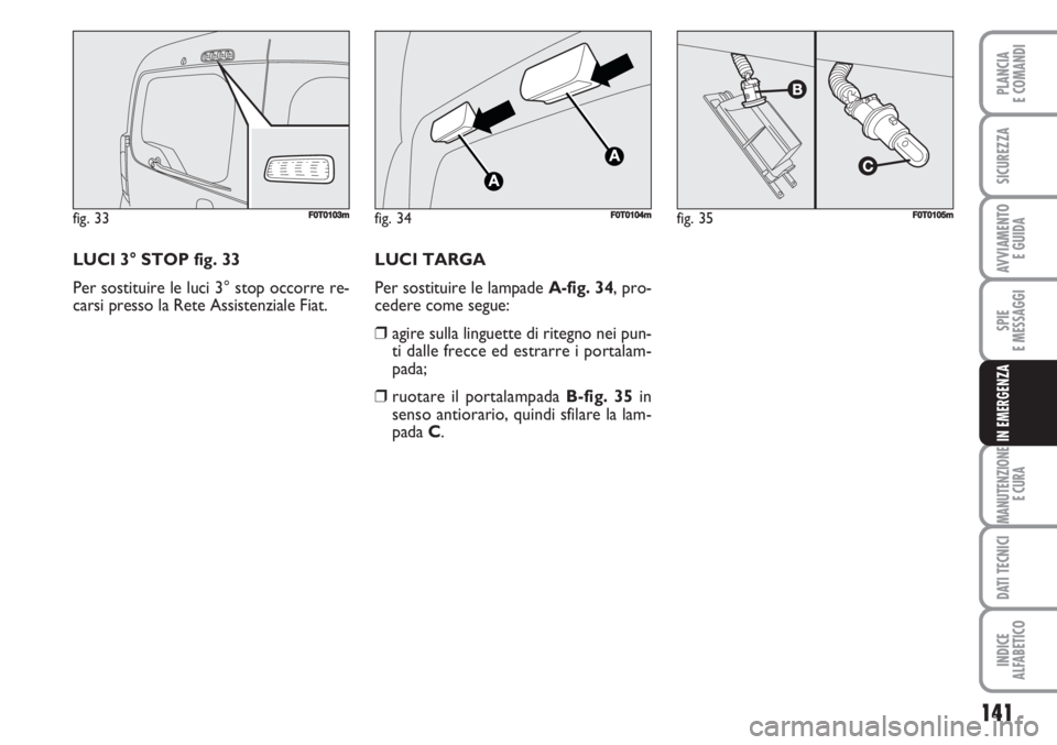 FIAT FIORINO 2007  Libretto Uso Manutenzione (in Italian) 141
SPIE
E MESSAGGI
MANUTENZIONE
E CURA
DATI TECNICI
INDICE
ALFABETICO
PLANCIA
E COMANDI
SICUREZZA
AVVIAMENTO 
E GUIDA
IN EMERGENZA
LUCI 3° STOP fig. 33
Per sostituire le luci 3° stop occorre re-
ca