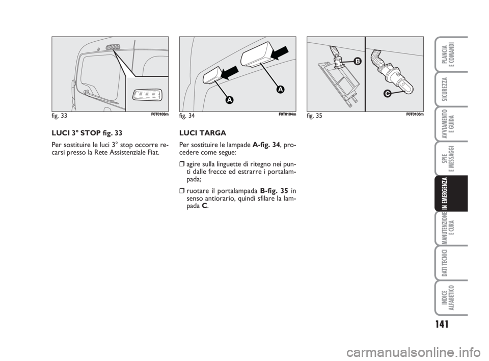 FIAT FIORINO 2008  Libretto Uso Manutenzione (in Italian) 141
SPIE
E MESSAGGI
MANUTENZIONE
E CURA
DATI TECNICI
INDICE
ALFABETICO
PLANCIA
E COMANDI
SICUREZZA
AVVIAMENTO 
E GUIDA
IN EMERGENZA
LUCI 3° STOP fig. 33
Per sostituire le luci 3° stop occorre re-
ca