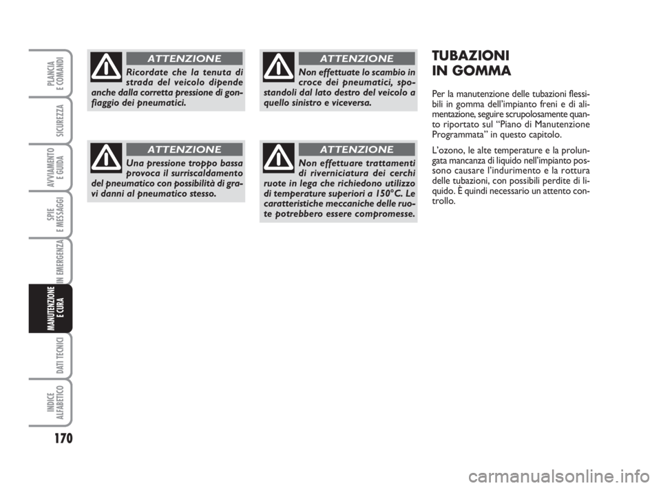 FIAT FIORINO 2008 Libretto Uso Manutenzione (in Italian) 170
SPIE
E MESSAGGI
DATI TECNICI
INDICE
ALFABETICO
PLANCIA
E COMANDI
SICUREZZA
AVVIAMENTO
E GUIDA
IN EMERGENZA
MANUTENZIONE
E CURA
TUBAZIONI
IN GOMMA
Per la manutenzione delle tubazioni flessi-
bili FIAT FIORINO 2008 Libretto Uso Manutenzione (in Italian) 170
SPIE
E MESSAGGI
DATI TECNICI
INDICE
ALFABETICO
PLANCIA
E COMANDI
SICUREZZA
AVVIAMENTO
E GUIDA
IN EMERGENZA
MANUTENZIONE
E CURA
TUBAZIONI
IN GOMMA
Per la manutenzione delle tubazioni flessi-
bili