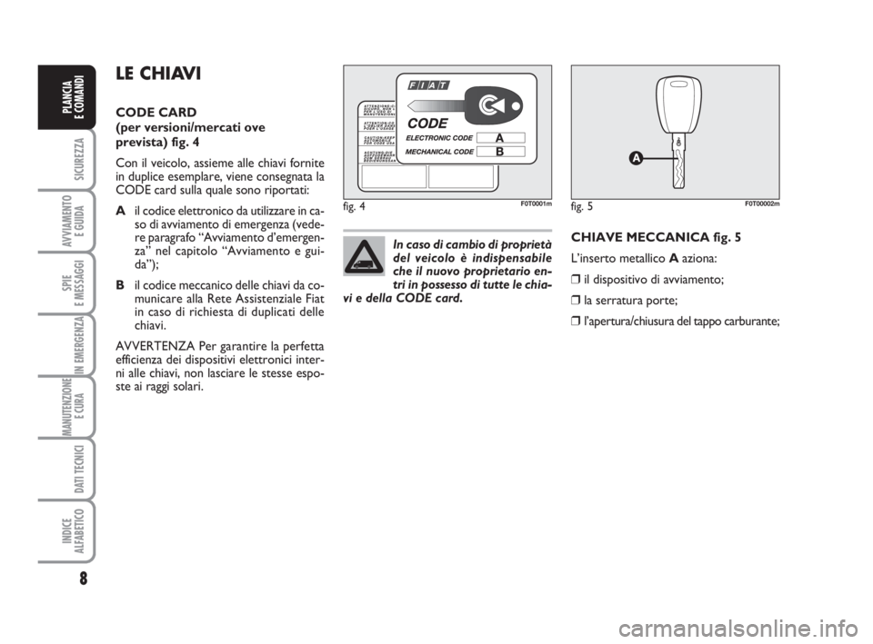 FIAT FIORINO 2008 Libretto Uso Manutenzione (in Italian) 8
SICUREZZA
AVVIAMENTO
E GUIDA
SPIE
E MESSAGGI
IN EMERGENZA
MANUTENZIONE
E CURA
DATI TECNICI
INDICE
ALFABETICO
PLANCIA
E COMANDI
LE CHIAVI
CODE CARD
(per versioni/mercati ove
prevista) fig. 4
Con FIAT FIORINO 2008 Libretto Uso Manutenzione (in Italian) 8
SICUREZZA
AVVIAMENTO
E GUIDA
SPIE
E MESSAGGI
IN EMERGENZA
MANUTENZIONE
E CURA
DATI TECNICI
INDICE
ALFABETICO
PLANCIA
E COMANDI
LE CHIAVI
CODE CARD
(per versioni/mercati ove
prevista) fig. 4
Con