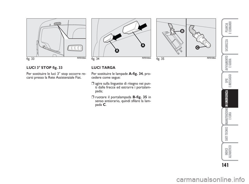 FIAT FIORINO 2014  Libretto Uso Manutenzione (in Italian) 141
SPIE
E MESSAGGI
MANUTENZIONE
E CURA
DATI TECNICI
INDICE
ALFABETICO
PLANCIA
E COMANDI
SICUREZZA
AVVIAMENTO 
E GUIDA
IN EMERGENZA
LUCI 3° STOP fig. 33
Per sostituire le luci 3° stop occorre re-
ca