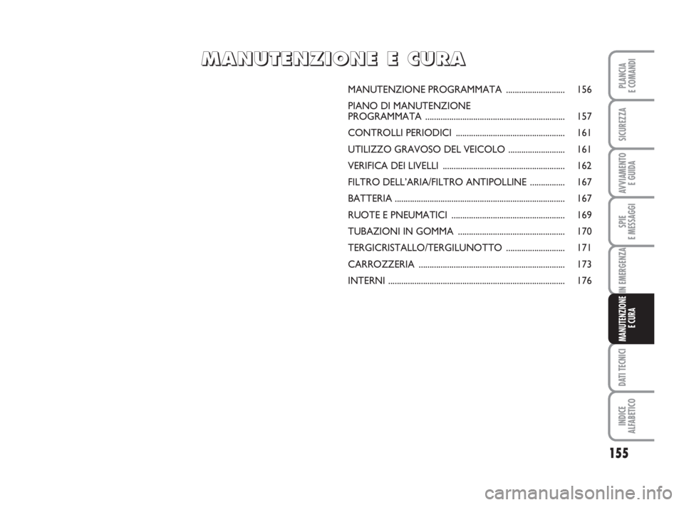 FIAT FIORINO 2014  Libretto Uso Manutenzione (in Italian) 155
SPIE
E MESSAGGI
DATI TECNICI
INDICE
ALFABETICO
PLANCIA
E COMANDI
SICUREZZA
AVVIAMENTO 
E GUIDA
IN EMERGENZA
MANUTENZIONE
E CURA
MANUTENZIONE PROGRAMMATA ........................... 156
PIANO DI MA