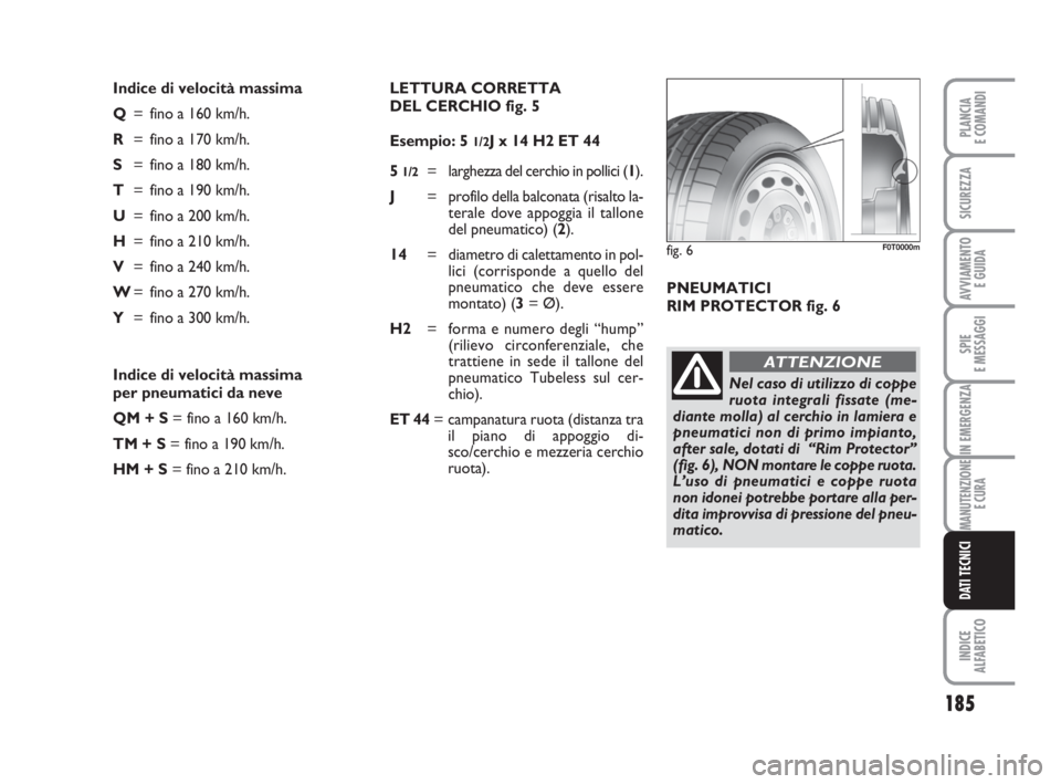 FIAT FIORINO 2014 Libretto Uso Manutenzione (in Italian) 185
SPIE
E MESSAGGI
INDICE
ALFABETICO
PLANCIA
E COMANDI
SICUREZZA
AVVIAMENTO
E GUIDA
IN EMERGENZA
MANUTENZIONE
E CURA
DATI TECNICI
Indice di velocità massima
Q= fino a 160 km/h.
R= fino a 170 km/h.
FIAT FIORINO 2014 Libretto Uso Manutenzione (in Italian) 185
SPIE
E MESSAGGI
INDICE
ALFABETICO
PLANCIA
E COMANDI
SICUREZZA
AVVIAMENTO
E GUIDA
IN EMERGENZA
MANUTENZIONE
E CURA
DATI TECNICI
Indice di velocità massima
Q= fino a 160 km/h.
R= fino a 170 km/h.