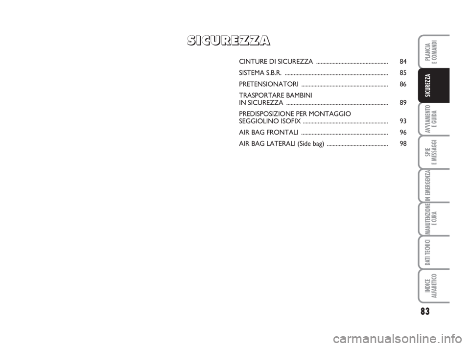 FIAT FIORINO 2014  Libretto Uso Manutenzione (in Italian) 83
AVVIAMENTO 
E GUIDA
SPIE
E MESSAGGI
IN EMERGENZA
MANUTENZIONE
E CURA
DATI TECNICI
INDICE
ALFABETICO
PLANCIA
E COMANDI
SICUREZZA
CINTURE DI SICUREZZA................................................ 
