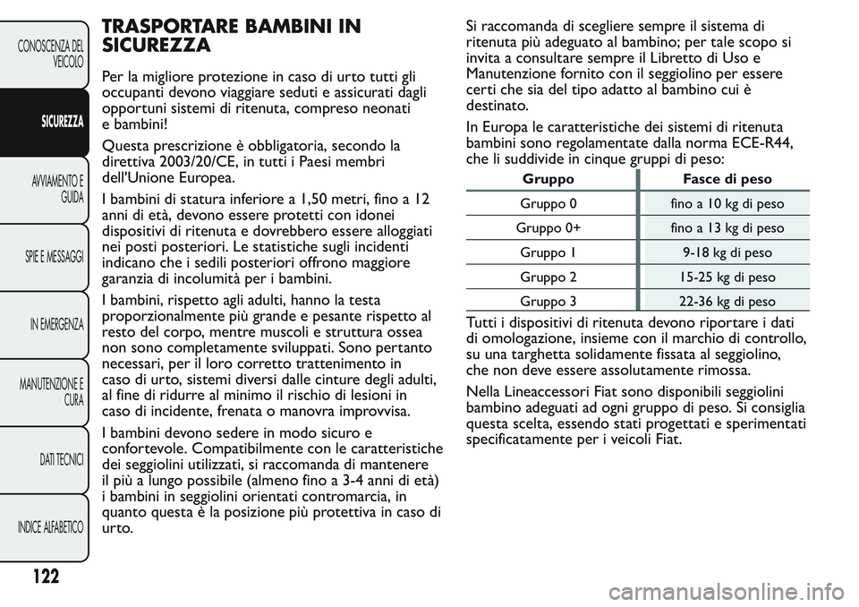 FIAT FIORINO 2017 Libretto Uso Manutenzione (in Italian) TRASPORTARE BAMBINI IN
SICUREZZA
Per la migliore protezione in caso di urto tutti gli
occupanti devono viaggiare seduti e assicurati dagli
opportuni sistemi di ritenuta, compreso neonati
e bambini!
Qu FIAT FIORINO 2017 Libretto Uso Manutenzione (in Italian) TRASPORTARE BAMBINI IN
SICUREZZA
Per la migliore protezione in caso di urto tutti gli
occupanti devono viaggiare seduti e assicurati dagli
opportuni sistemi di ritenuta, compreso neonati
e bambini!
Qu
