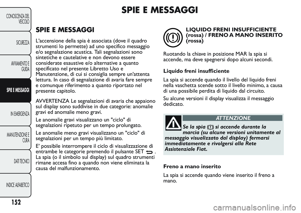 FIAT FIORINO 2017 Libretto Uso Manutenzione (in Italian) SPIE E MESSAGGI
SPIE E MESSAGGI
L'accensione della spia è associata (dove il quadro
strumenti lo permette) ad uno specifico messaggio
e/o segnalazione acustica. Tali segnalazioni sono
sintetiche FIAT FIORINO 2017 Libretto Uso Manutenzione (in Italian) SPIE E MESSAGGI
SPIE E MESSAGGI
L'accensione della spia è associata (dove il quadro
strumenti lo permette) ad uno specifico messaggio
e/o segnalazione acustica. Tali segnalazioni sono
sintetiche