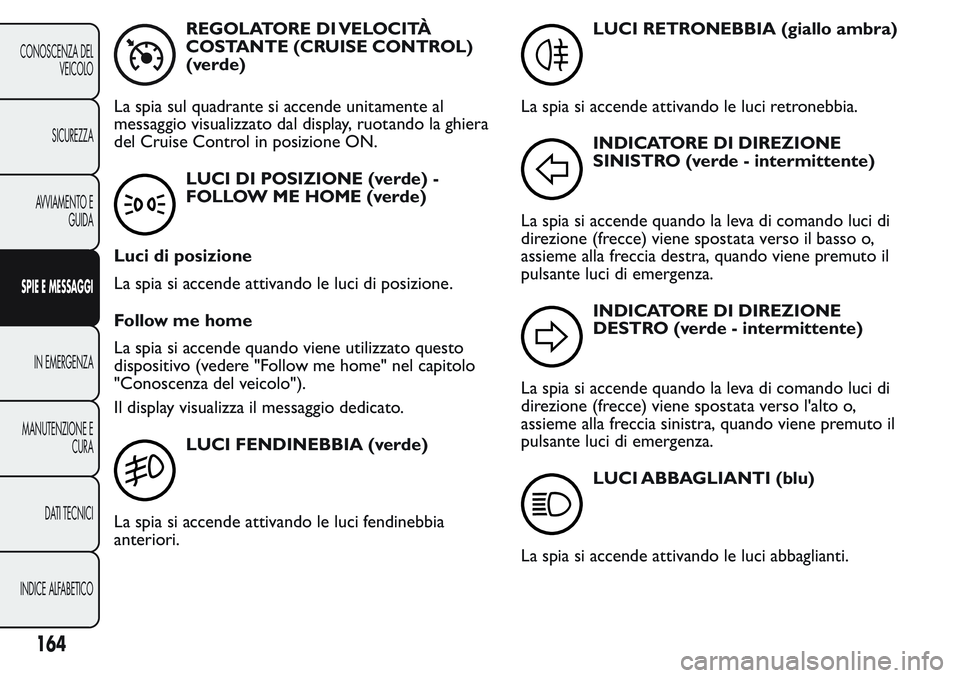 FIAT FIORINO 2017  Libretto Uso Manutenzione (in Italian) REGOLATORE DI VELOCITÀ
COSTANTE (CRUISE CONTROL)
(verde)
La spia sul quadrante si accende unitamente al
messaggio visualizzato dal display, ruotando la ghiera
del Cruise Control in posizione ON.
LUCI