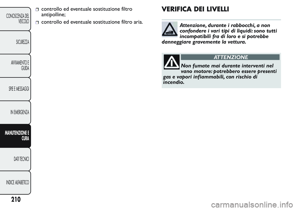 FIAT FIORINO 2017  Libretto Uso Manutenzione (in Italian) controllo ed eventuale sostituzione filtro
antipolline;
controllo ed eventuale sostituzione filtro aria.
VERIFICA DEI LIVELLI
Attenzione, durante i rabbocchi, a non
confondere i vari tipi di liquidi: 