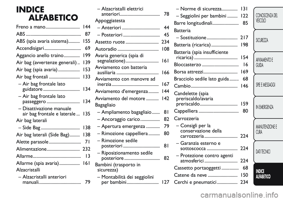 FIAT FIORINO 2017  Libretto Uso Manutenzione (in Italian) INDICE
ALFABETICO
Freno a mano.............................. 144
ABS ................................................ 87
ABS (spia avaria sistema).......... 155
Accendisigari .........................