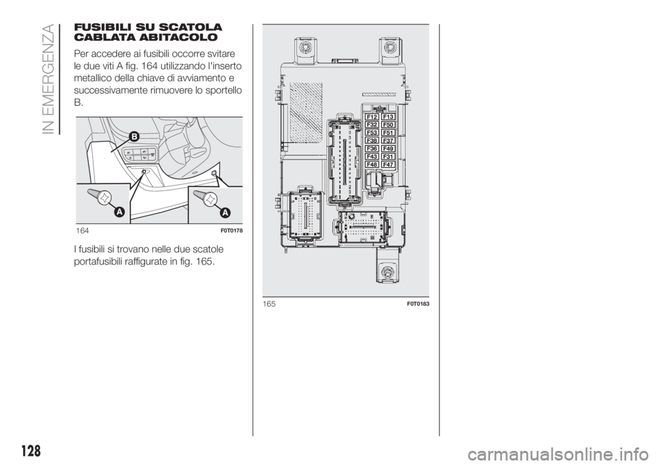 FIAT FIORINO 2018  Libretto Uso Manutenzione (in Italian) FUSIBILI SU SCATOLA
CABLATA ABITACOLO
Per accedere ai fusibili occorre svitare
le due viti A fig. 164 utilizzando l'inserto
metallico della chiave di avviamento e
successivamente rimuovere lo spor