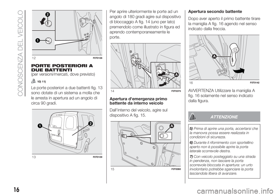 FIAT FIORINO 2018 Libretto Uso Manutenzione (in Italian) PORTE POSTERIORI A
DUE BATTENTI
(per versioni/mercati, dove previsto)
10) 11)
Le porte posteriori a due battenti fig. 13
sono dotate di un sistema a molla che
le arresta in apertura ad un angolo di
ci FIAT FIORINO 2018 Libretto Uso Manutenzione (in Italian) PORTE POSTERIORI A
DUE BATTENTI
(per versioni/mercati, dove previsto)
10) 11)
Le porte posteriori a due battenti fig. 13
sono dotate di un sistema a molla che
le arresta in apertura ad un angolo di
ci