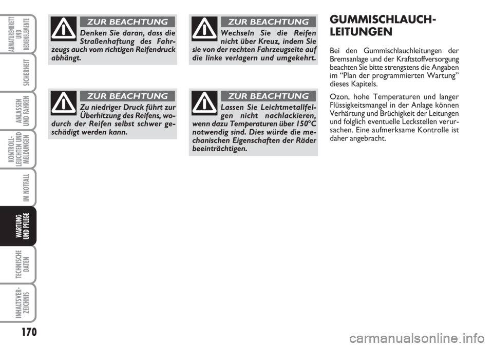 FIAT FIORINO 2007  Betriebsanleitung (in German) 170
KONTROLL-
LEUCHTEN UND
MELDUNGEN
TECHNISCHE
DATEN
INHALTSVER-
ZEICHNIS
ARMATURENBRETT
UND
BEDIENELEMENTE
SICHERHEIT
ANLASSEN
UND FAHREN
IM NOTFALL
WARTUNG 
UND PFLEGE 
GUMMISCHLAUCH-
LEITUNGEN
Bei