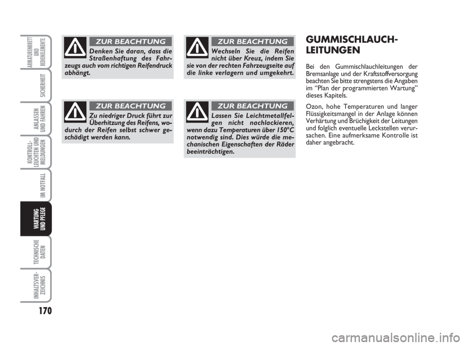FIAT FIORINO 2008 Betriebsanleitung (in German) 170
KONTROLL-
LEUCHTEN UND
MELDUNGEN
TECHNISCHE
DATEN
INHALTSVER-
ZEICHNIS
ARMATURENBRETT
UND
BEDIENELEMENTE
SICHERHEIT
ANLASSEN
UND FAHREN
IM NOTFALL
WARTUNG
UND PFLEGE
GUMMISCHLAUCH-
LEITUNGEN
Bei FIAT FIORINO 2008 Betriebsanleitung (in German) 170
KONTROLL-
LEUCHTEN UND
MELDUNGEN
TECHNISCHE
DATEN
INHALTSVER-
ZEICHNIS
ARMATURENBRETT
UND
BEDIENELEMENTE
SICHERHEIT
ANLASSEN
UND FAHREN
IM NOTFALL
WARTUNG
UND PFLEGE
GUMMISCHLAUCH-
LEITUNGEN
Bei