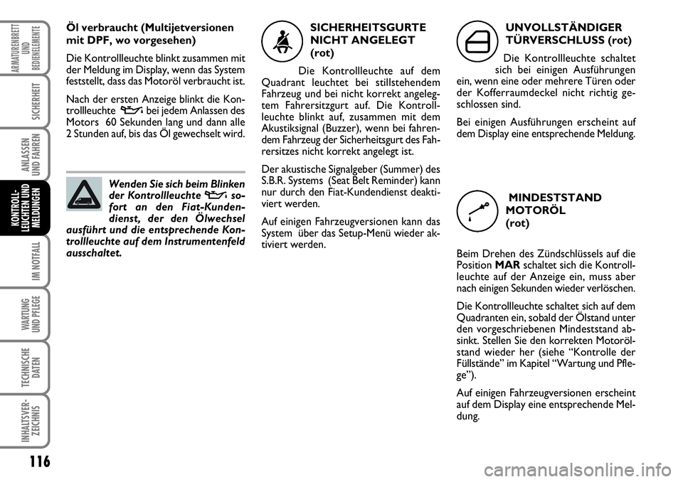 FIAT FIORINO 2009 Betriebsanleitung (in German) 116
IM NOTFALL
WARTUNG
UND PFLEGE
TECHNISCHE
DATEN
INHALTSVER-
ZEICHNIS
ARMATURENBRETT
UND
BEDIENELEMENTE
SICHERHEIT
ANLASSEN
UND FAHREN
KONTROLL-
LEUCHTEN UND
MELDUNGEN
Öl verbraucht (Multijetver FIAT FIORINO 2009 Betriebsanleitung (in German) 116
IM NOTFALL
WARTUNG
UND PFLEGE
TECHNISCHE
DATEN
INHALTSVER-
ZEICHNIS
ARMATURENBRETT
UND
BEDIENELEMENTE
SICHERHEIT
ANLASSEN
UND FAHREN
KONTROLL-
LEUCHTEN UND
MELDUNGEN
Öl verbraucht (Multijetver