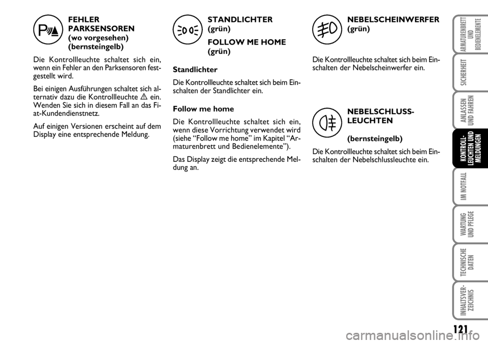 FIAT FIORINO 2009 Betriebsanleitung (in German) 121
IM NOTFALL
WARTUNG
UND PFLEGE
TECHNISCHE
DATEN
INHALTSVER-
ZEICHNIS
ARMATURENBRETT
UND
BEDIENELEMENTE
SICHERHEIT
ANLASSEN
UND FAHREN
KONTROLL-
LEUCHTEN UND
MELDUNGEN
FEHLER
PARKSENSOREN
(wo vo FIAT FIORINO 2009 Betriebsanleitung (in German) 121
IM NOTFALL
WARTUNG
UND PFLEGE
TECHNISCHE
DATEN
INHALTSVER-
ZEICHNIS
ARMATURENBRETT
UND
BEDIENELEMENTE
SICHERHEIT
ANLASSEN
UND FAHREN
KONTROLL-
LEUCHTEN UND
MELDUNGEN
FEHLER
PARKSENSOREN
(wo vo