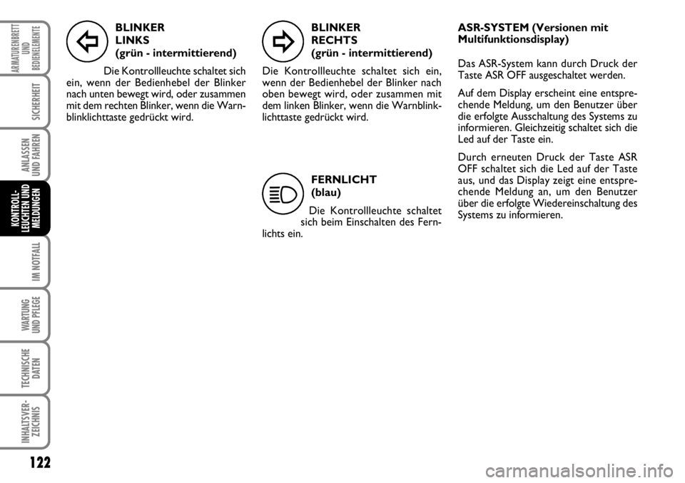 FIAT FIORINO 2009 Betriebsanleitung (in German) 122
IM NOTFALL
WARTUNG
UND PFLEGE
TECHNISCHE
DATEN
INHALTSVER-
ZEICHNIS
ARMATURENBRETT
UND
BEDIENELEMENTE
SICHERHEIT
ANLASSEN
UND FAHREN
KONTROLL-
LEUCHTEN UND
MELDUNGEN
BLINKER
LINKS
(grün - in FIAT FIORINO 2009 Betriebsanleitung (in German) 122
IM NOTFALL
WARTUNG
UND PFLEGE
TECHNISCHE
DATEN
INHALTSVER-
ZEICHNIS
ARMATURENBRETT
UND
BEDIENELEMENTE
SICHERHEIT
ANLASSEN
UND FAHREN
KONTROLL-
LEUCHTEN UND
MELDUNGEN
BLINKER
LINKS
(grün - in