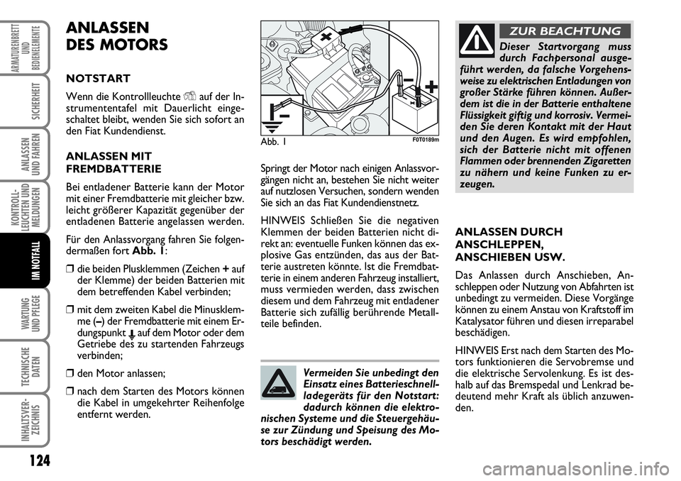 FIAT FIORINO 2009 Betriebsanleitung (in German) 124
KONTROLL-
LEUCHTEN UND
MELDUNGEN
WARTUNG
UND PFLEGE
TECHNISCHE
DATEN
INHALTSVER-
ZEICHNIS
ARMATURENBRETT
UND
BEDIENELEMENTE
SICHERHEIT
ANLASSEN
UND FAHREN
IM NOTFALL
ANLASSEN
DES MOTORS
NOTSTAR FIAT FIORINO 2009 Betriebsanleitung (in German) 124
KONTROLL-
LEUCHTEN UND
MELDUNGEN
WARTUNG
UND PFLEGE
TECHNISCHE
DATEN
INHALTSVER-
ZEICHNIS
ARMATURENBRETT
UND
BEDIENELEMENTE
SICHERHEIT
ANLASSEN
UND FAHREN
IM NOTFALL
ANLASSEN
DES MOTORS
NOTSTAR