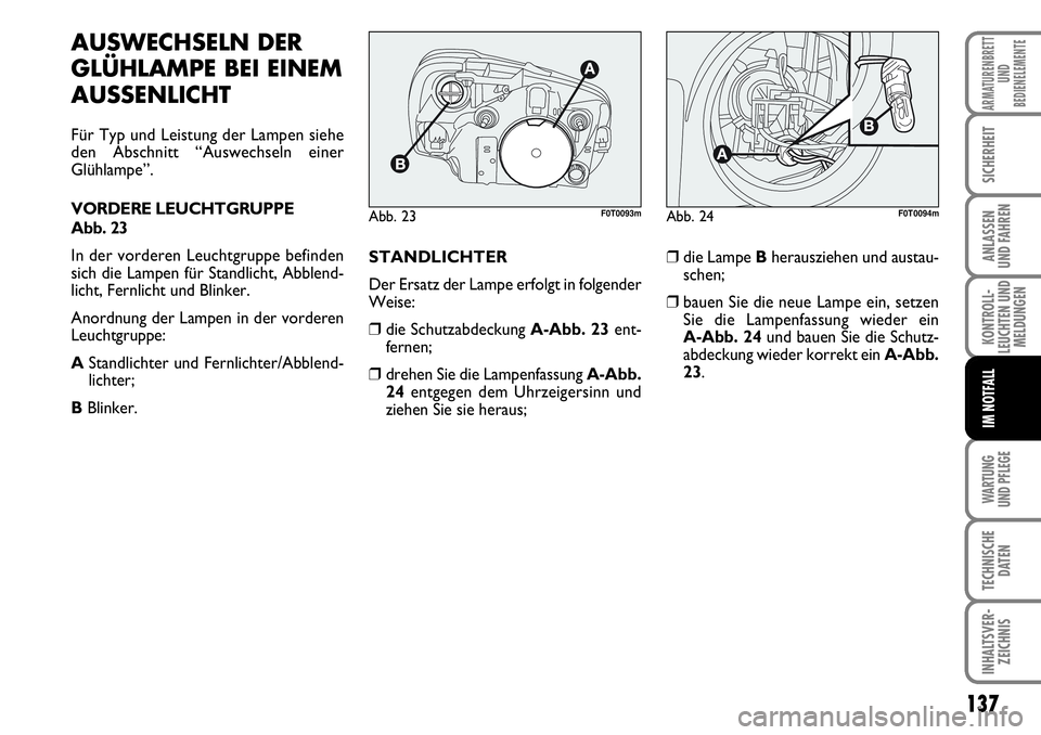 FIAT FIORINO 2009  Betriebsanleitung (in German) WARTUNG 
UND PFLEGE 
137
KONTROLL-
LEUCHTEN UND
MELDUNGEN
TECHNISCHE
DATEN
INHALTSVER-
ZEICHNIS
ARMATURENBRETT
UND
BEDIENELEMENTE
SICHERHEIT
ANLASSEN 
UND FAHREN
IM NOTFALL
AUSWECHSELN DER
GLÜHLAMPE 