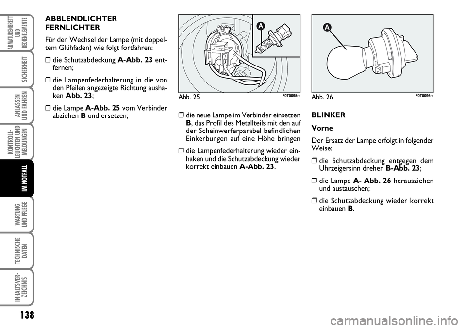 FIAT FIORINO 2009  Betriebsanleitung (in German) 138
KONTROLL-
LEUCHTEN UND
MELDUNGEN
WARTUNG 
UND PFLEGE 
TECHNISCHE
DATEN
INHALTSVER-
ZEICHNIS
ARMATURENBRETT
UND
BEDIENELEMENTE
SICHERHEIT
ANLASSEN 
UND FAHREN
IM NOTFALL
ABBLENDLICHTER
FERNLICHTER
