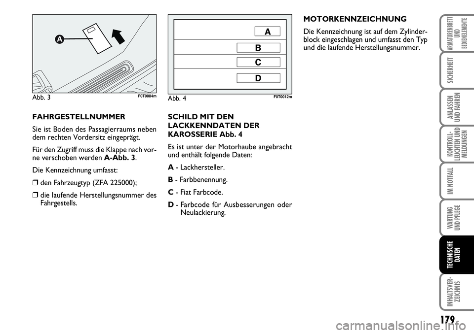 FIAT FIORINO 2009  Betriebsanleitung (in German) 179
KONTROLL-
LEUCHTEN UND
MELDUNGEN
WARTUNG 
UND PFLEGE 
INHALTSVER-
ZEICHNIS
ARMATURENBRETT
UND
BEDIENELEMENTE
SICHERHEIT
ANLASSEN 
UND FAHREN
IM NOTFALL
TECHNISCHE
DATEN
SCHILD MIT DEN
LACKKENNDATE