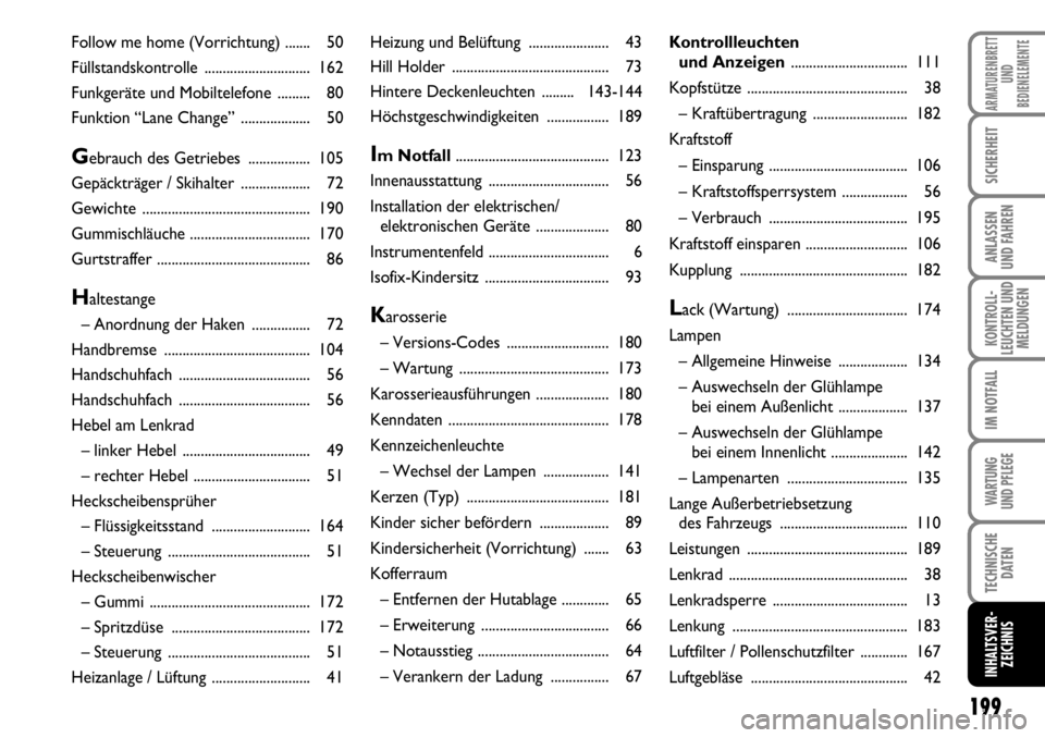 FIAT FIORINO 2009 Betriebsanleitung (in German) 199
KONTROLL-
LEUCHTEN UND
MELDUNGEN
ARMATURENBRETT
UND
BEDIENELEMENTE
SICHERHEIT
ANLASSEN
UND FAHREN
IM NOTFALL
WARTUNG
UND PFLEGE
TECHNISCHE
DATEN
INHALTSVER-
ZEICHNIS
Heizung und Belüftung .... FIAT FIORINO 2009 Betriebsanleitung (in German) 199
KONTROLL-
LEUCHTEN UND
MELDUNGEN
ARMATURENBRETT
UND
BEDIENELEMENTE
SICHERHEIT
ANLASSEN
UND FAHREN
IM NOTFALL
WARTUNG
UND PFLEGE
TECHNISCHE
DATEN
INHALTSVER-
ZEICHNIS
Heizung und Belüftung ....