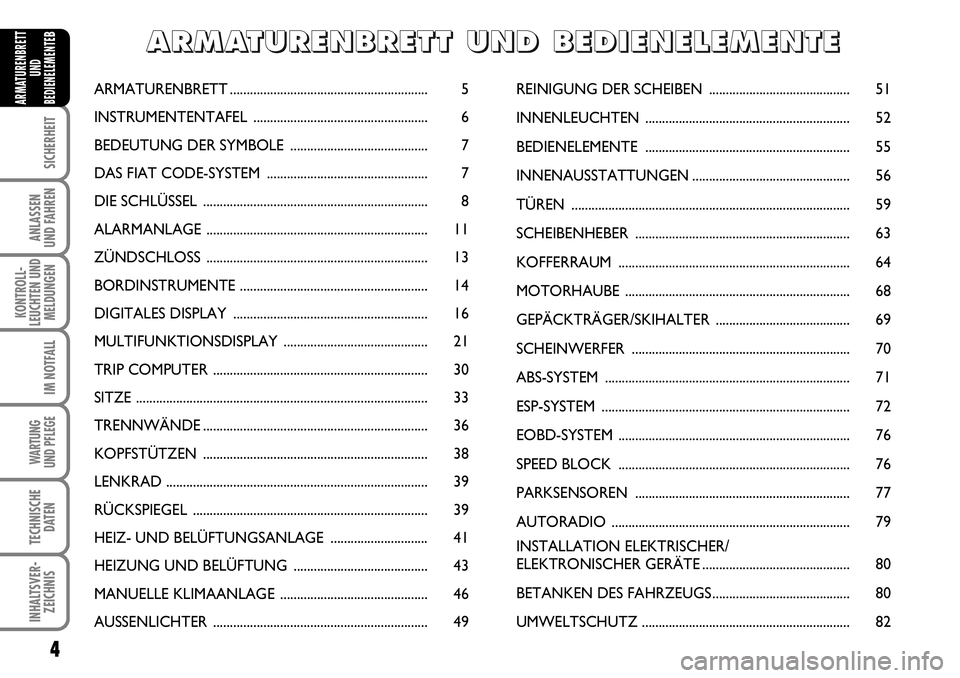FIAT FIORINO 2009 Betriebsanleitung (in German) 4
SICHERHEIT
ANLASSEN
UND FAHREN
KONTROLL-
LEUCHTEN UND
MELDUNGEN
IM NOTFALL
WARTUNG
UND PFLEGE
TECHNISCHE
DATEN
INHALTSVER-
ZEICHNIS
ARMATURENBRETT
UND
BEDIENELEMENTE
B
ARMATURENBRETT............. FIAT FIORINO 2009 Betriebsanleitung (in German) 4
SICHERHEIT
ANLASSEN
UND FAHREN
KONTROLL-
LEUCHTEN UND
MELDUNGEN
IM NOTFALL
WARTUNG
UND PFLEGE
TECHNISCHE
DATEN
INHALTSVER-
ZEICHNIS
ARMATURENBRETT
UND
BEDIENELEMENTE
B
ARMATURENBRETT.............