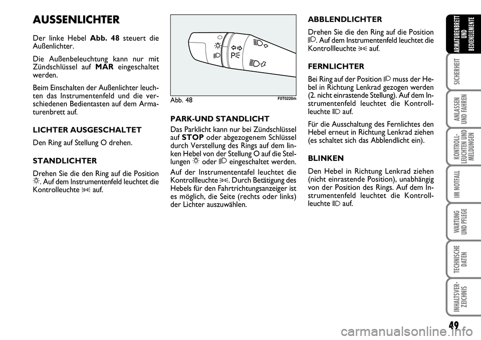 FIAT FIORINO 2009 Betriebsanleitung (in German) 49
SICHERHEIT
ANLASSEN
UND FAHREN
KONTROLL-
LEUCHTEN UND
MELDUNGEN
IM NOTFALL
WARTUNG
UND PFLEGE
TECHNISCHE
DATEN
INHALTSVER-
ZEICHNIS
ARMATURENBRETT
UND
BEDIENELEMENTE
AUSSENLICHTER
Der linke Hebe FIAT FIORINO 2009 Betriebsanleitung (in German) 49
SICHERHEIT
ANLASSEN
UND FAHREN
KONTROLL-
LEUCHTEN UND
MELDUNGEN
IM NOTFALL
WARTUNG
UND PFLEGE
TECHNISCHE
DATEN
INHALTSVER-
ZEICHNIS
ARMATURENBRETT
UND
BEDIENELEMENTE
AUSSENLICHTER
Der linke Hebe
