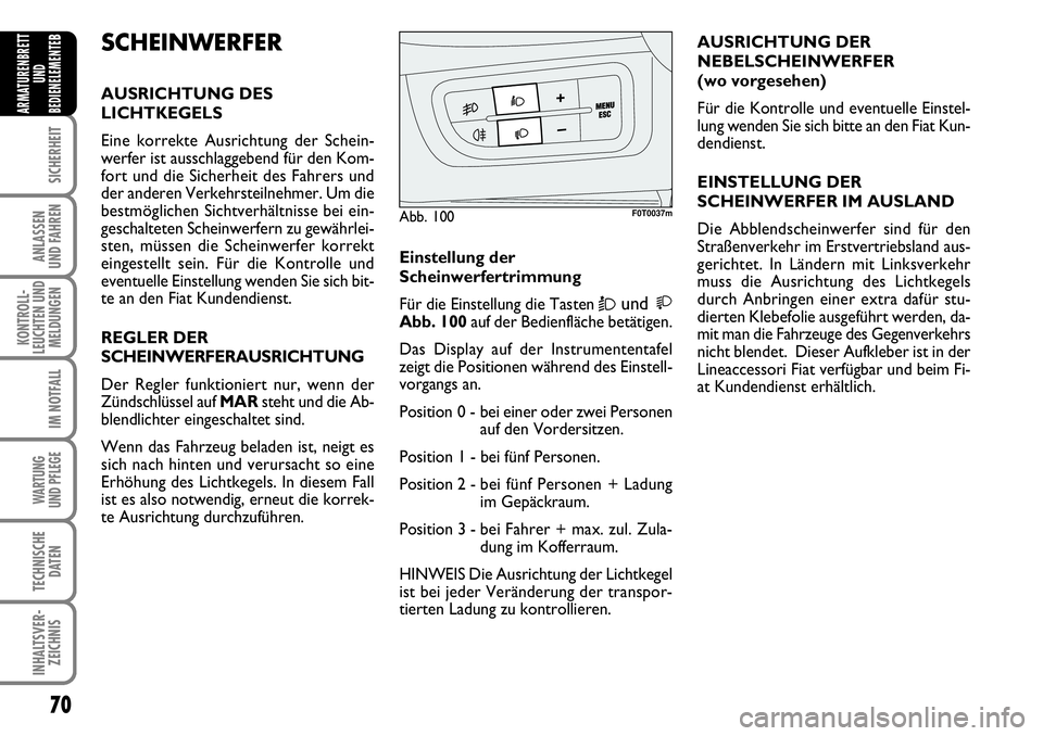 FIAT FIORINO 2009 Betriebsanleitung (in German) 70
SICHERHEIT
ANLASSEN
UND FAHREN
KONTROLL-
LEUCHTEN UND
MELDUNGEN
IM NOTFALL
WARTUNG
UND PFLEGE
TECHNISCHE
DATEN
INHALTSVER-
ZEICHNIS
ARMATURENBRETT
UND
BEDIENELEMENTE
BSCHEINWERFER
AUSRICHTUNG DE FIAT FIORINO 2009 Betriebsanleitung (in German) 70
SICHERHEIT
ANLASSEN
UND FAHREN
KONTROLL-
LEUCHTEN UND
MELDUNGEN
IM NOTFALL
WARTUNG
UND PFLEGE
TECHNISCHE
DATEN
INHALTSVER-
ZEICHNIS
ARMATURENBRETT
UND
BEDIENELEMENTE
BSCHEINWERFER
AUSRICHTUNG DE