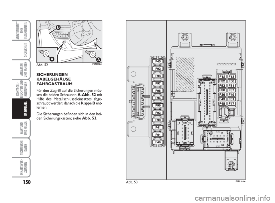 FIAT FIORINO 2011  Betriebsanleitung (in German) 150
KONTROLL-
LEUCHTEN UND
MELDUNGEN
WARTUNG 
UND PFLEGE 
TECHNISCHE
DATEN
INHALTSVER-
ZEICHNIS
ARMATURENBRETT
UND
BEDIENELEMENTE
SICHERHEIT
ANLASSEN
UND FAHREN
IM NOTFALL
SICHERUNGEN  
KABELGEHÄUSE
