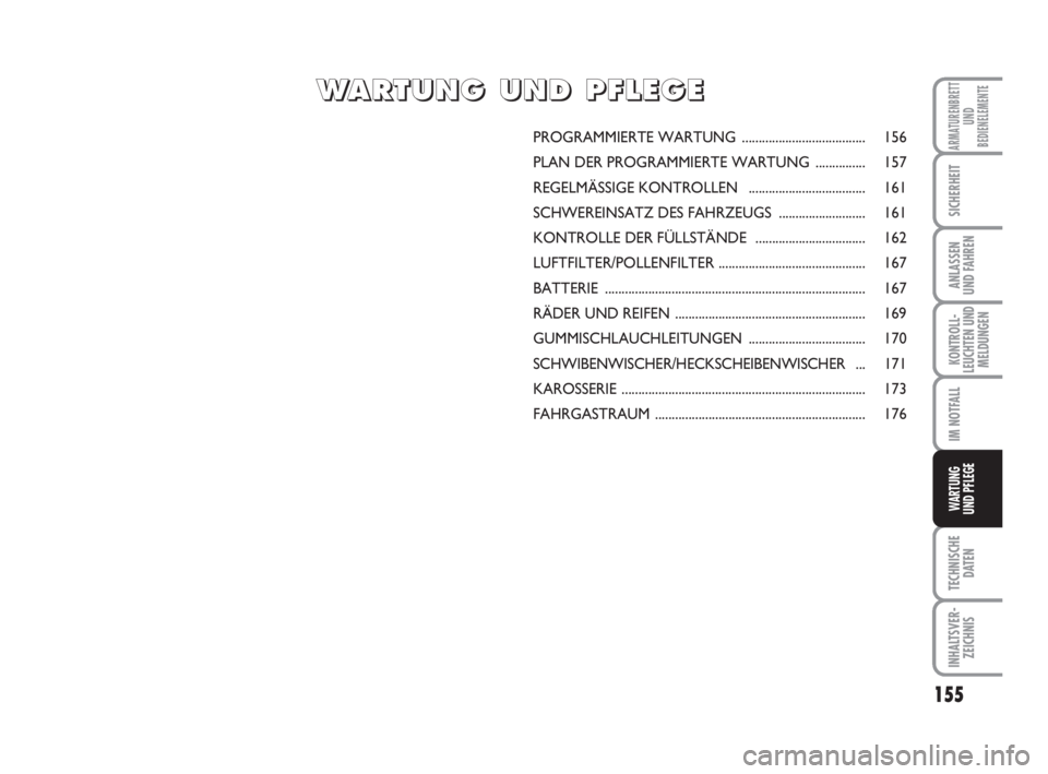 FIAT FIORINO 2011 Betriebsanleitung (in German) 155
KONTROLL-
LEUCHTEN UND
MELDUNGEN
TECHNISCHE
DATEN
INHALTSVER-
ZEICHNIS
ARMATURENBRETT
UND
BEDIENELEMENTE
SICHERHEIT
ANLASSEN
UND FAHREN
IM NOTFALL
WARTUNG
UND PFLEGE
PROGRAMMIERTE WARTUNG....... FIAT FIORINO 2011 Betriebsanleitung (in German) 155
KONTROLL-
LEUCHTEN UND
MELDUNGEN
TECHNISCHE
DATEN
INHALTSVER-
ZEICHNIS
ARMATURENBRETT
UND
BEDIENELEMENTE
SICHERHEIT
ANLASSEN
UND FAHREN
IM NOTFALL
WARTUNG
UND PFLEGE
PROGRAMMIERTE WARTUNG.......