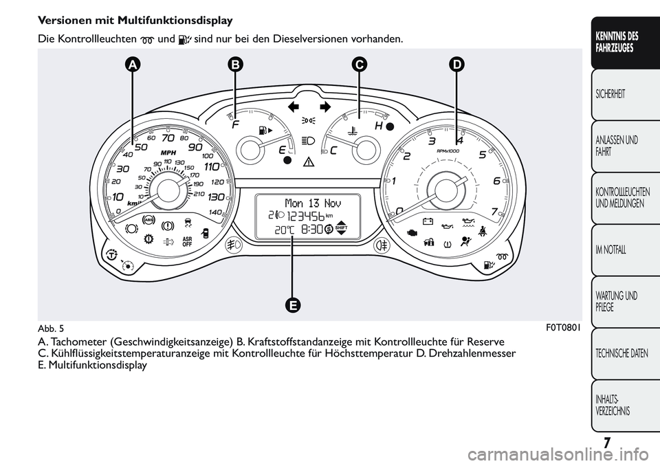 FIAT FIORINO 2017  Betriebsanleitung (in German) Versionen mit Multifunktionsdisplay
Die Kontrollleuchten
undsind nur bei den Dieselversionen vorhanden.
A. Tachometer (Geschwindigkeitsanzeige) B. Kraftstoffstandanzeige mit Kontrollleuchte für Reser