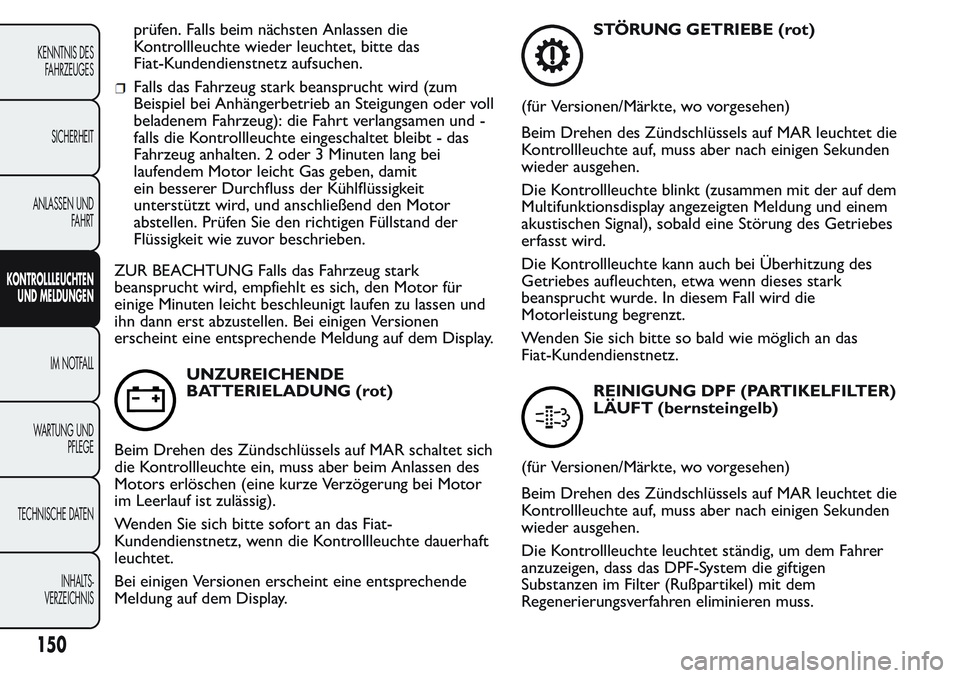 FIAT FIORINO 2017  Betriebsanleitung (in German) prüfen. Falls beim nächsten Anlassen die
Kontrollleuchte wieder leuchtet, bitte das
Fiat-Kundendienstnetz aufsuchen.
Falls das Fahrzeug stark beansprucht wird (zum
Beispiel bei Anhängerbetrieb an S