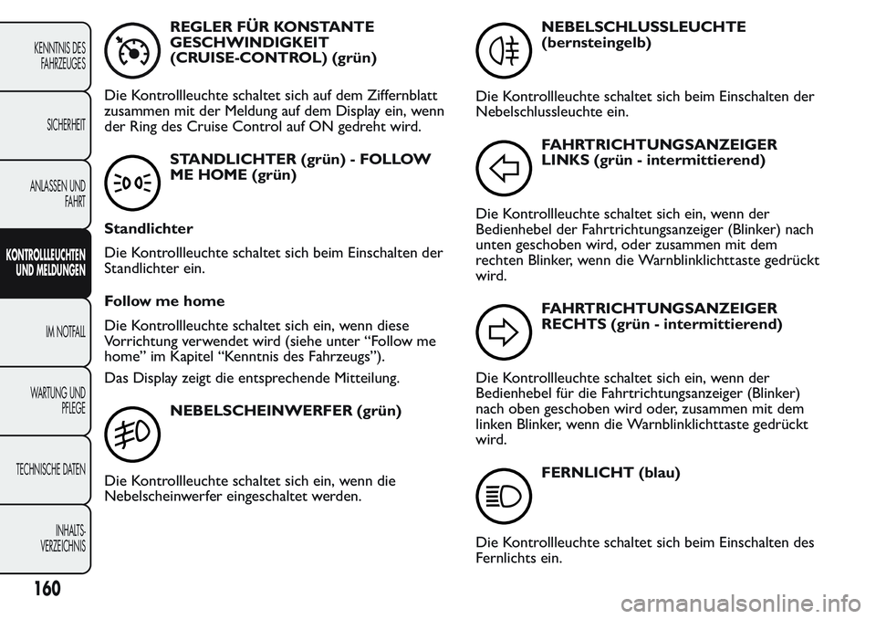 FIAT FIORINO 2017  Betriebsanleitung (in German) REGLER FÜR KONSTANTE
GESCHWINDIGKEIT
(CRUISE-CONTROL) (grün)
Die Kontrollleuchte schaltet sich auf dem Ziffernblatt
zusammen mit der Meldung auf dem Display ein, wenn
der Ring des Cruise Control auf