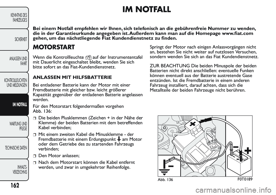 FIAT FIORINO 2017  Betriebsanleitung (in German) IM NOTFALL
Bei einem Notfall empfehlen wir Ihnen, sich telefonisch an die gebührenfreie Nummer zu wenden,
die in der Garantieurkunde angegeben ist. Außerdem kann man auf die Homepage www.fiat.com
ge